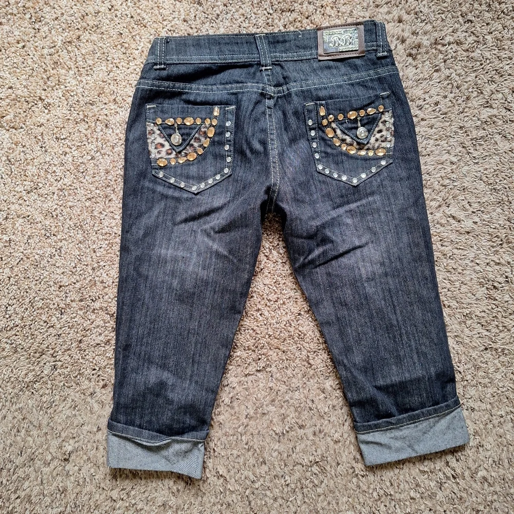 B.B Jeans Leopard Rhinestone Capri Shorts - Picture 2 of 7